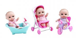 JC Toys/Berenguer - Lil' Cutesies - Lil' Cutesies Mini Nursery Gift Set- Three 5" All vinyl water friendly dolls for children Ages 2+ Includes Stroller, Tricycle, and Bathtub- Designed by Berenguer